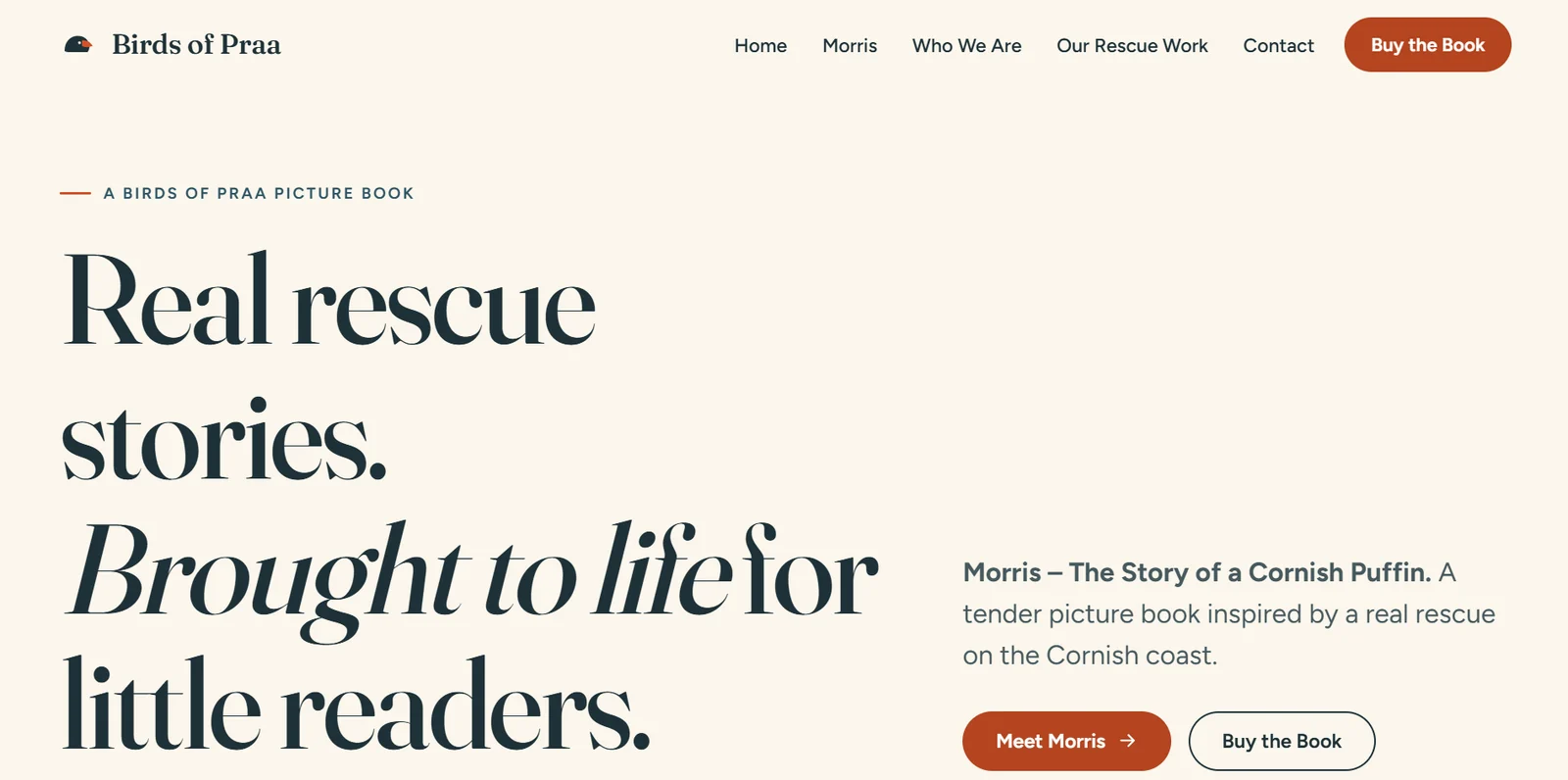 The Birds of Praa homepage: a cream page with the headline ‘Real rescue stories. Brought to life for little readers.’ set in a large serif, beside a short introduction to the picture book and two buttons.