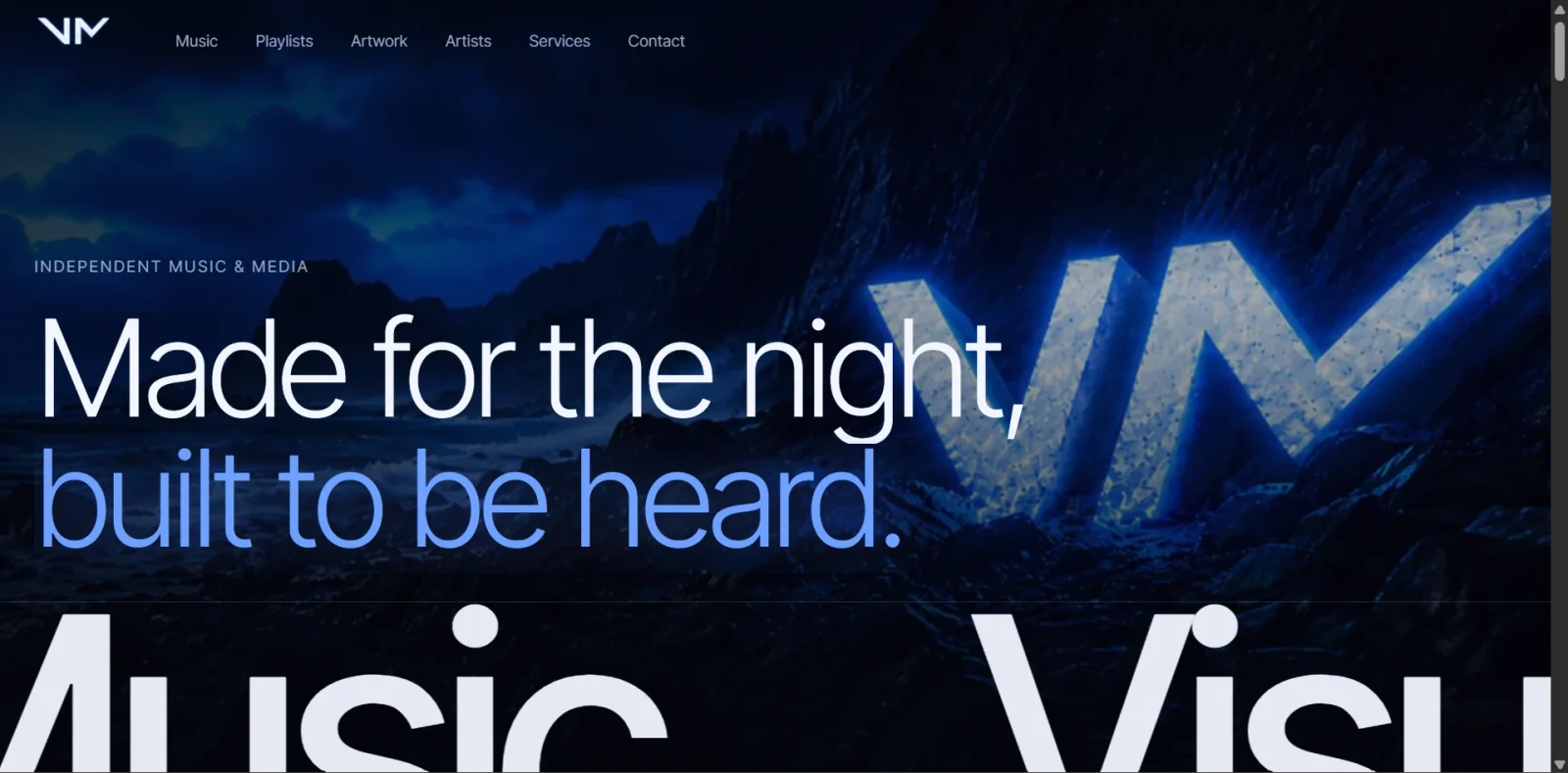The NightCity Media homepage: a deep blue night landscape with an illuminated VM monogram in the cliffs, the headline ‘Made for the night, built to be heard.’ and navigation for Music, Playlists, Artwork, Artists, Services and Contact.